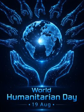 Glowing hands holding earth concept for World Humanitarian Day.