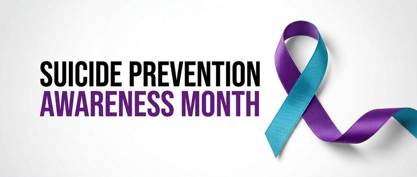Suicide prevention awareness month text with purple and teal ribbon, representing mental health support and suicide prevention initiatives for medical awareness campaigns.