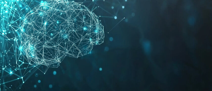 A luminous wireframe brain made of interconnected lines and dots glows on a dark blue background, suggesting digital intelligence and networks