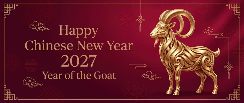 Happy Chinese New Year 2027 year of the goat banner featuring an ornate metallic gold figurine on a dark red background, showcasing traditional prosperity and festive holiday celebration.