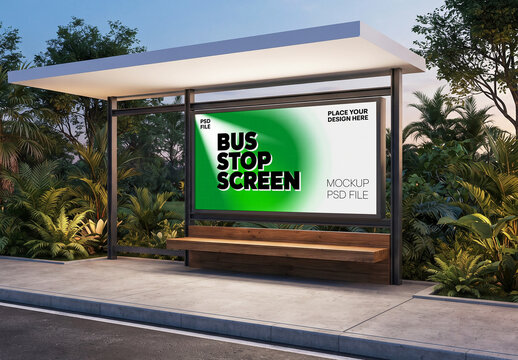 Tropical bus stop shelter advertising screen mockup
