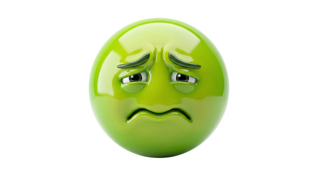 Sad green emoji 3D icon. Gloomy spherical emoticon with frowning mouth and downturned eyebrows