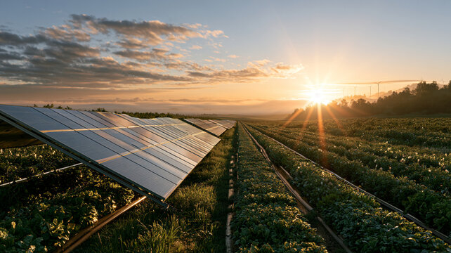 Solar panel, agricultural field, renewable energy, crop, sunset, agrivoltaic, solar farm across green farmland row with warm sunlight and irrigation channel near rural landscape
