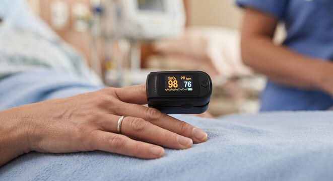 Close up of portable pulse oximeter on patient finger in hospital ward