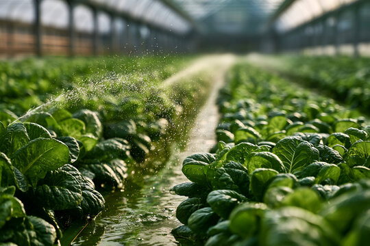 Food security challenges greenhouse crop irrigation leafy vegetable water spray agriculture farm plant growth sunlight support resilient harvest under controlled environment