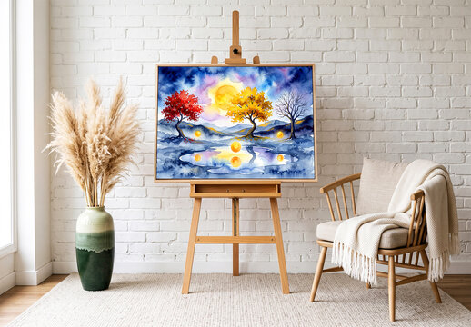Wooden Easel Canvas Mockup in Cozy Interior