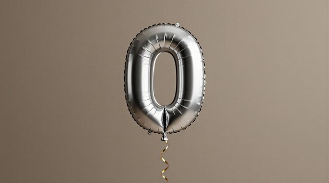 Shiny silver foil number zero balloon floats against light taupe wall background. Metallic helium inflatable item features reflective surface with golden curly ribbon tail. Decorative object adds
