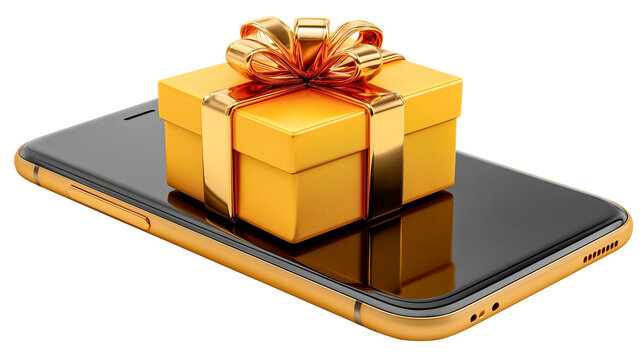 Golden gift box with shiny ribbon sits on sleek smartphone, symbolizing digital gifting and modern technology. image conveys sense of luxury and innovation., isolated