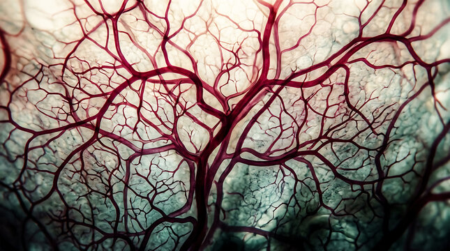Red and green biological tissue with intricate network of vessels