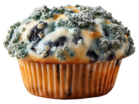 Mold infested blueberry muffin with fuzzy white and green patches creates unappetizing appearance. mold covers muffin surface, indicating spoilage., isolated