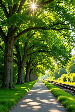 Sunlight shines through rich green trees above paved walkway beside train tracks. Morning rays cast shadows on smooth path near railway lines in nature. Peaceful rural landscape offers scenic view