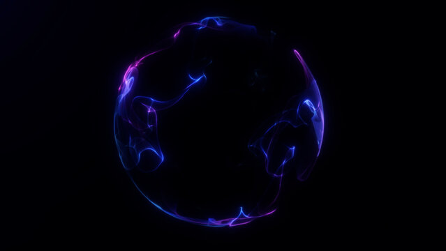 Blue and purple translucent energy ribbons form a dark abstract sphere with glowing edges, ideal for futuristic technology, sci-fi and VJ motion visuals, 4k loop.