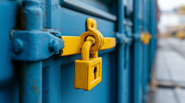 Close up shot of yellow metal lock on blue shipping container, evoking feeling of absolute security and safety during global transit