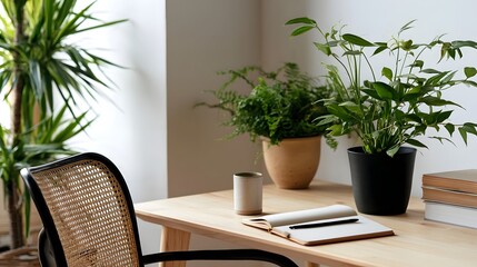 Fototapeta premium A minimalist wooden desk corner featuring potted plants an open notebook and a woven chair under soft natural light