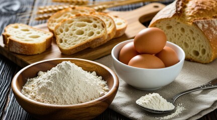 Fototapeta premium White flour in wooden bowl, raw brown eggs in ceramic dish on table. Homemade bread slices, loaf on cutting board. Ingredients for healthy baking breakfast meal. Kitchen scene with raw wheat product
