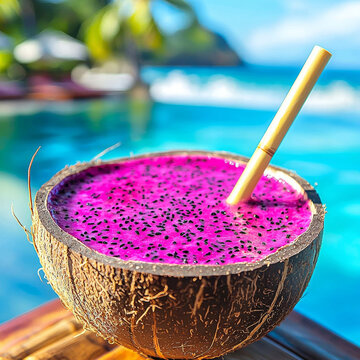 Bright pink dragon fruit drink in a coconut, with a straw, beside a vibrant turquoise tropical pool