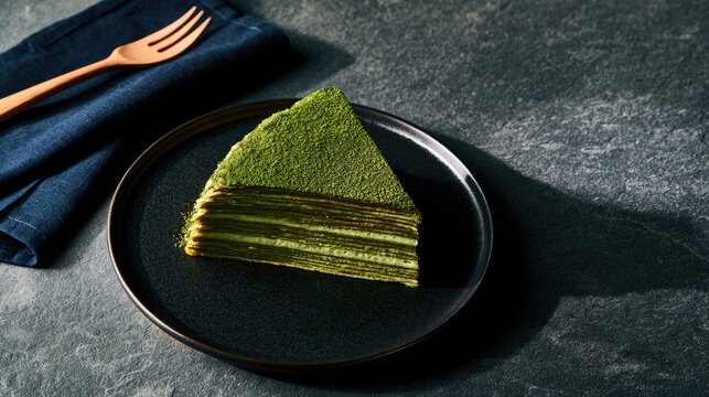 Delicate slice of green layered cake dusted with powder on dark plate