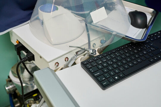 Veterinary anesthesia machine and computer workstation in operating room