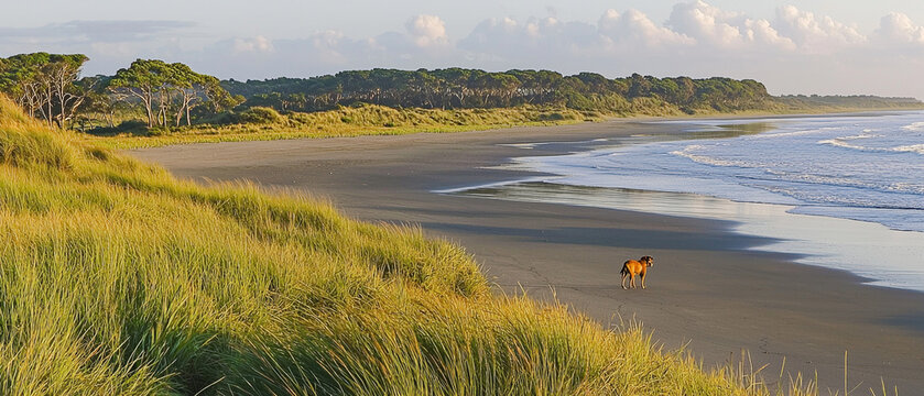Brown dog on vast sandy beach, gentle waves, golden grassy dunes, and distant coastal trees under a soft sky