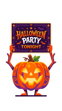 Stylized jack o lantern character holding halloween party tonight sign