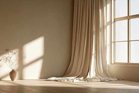 Sunlit minimalist room with draped fabric and vase