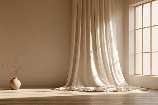 Sunlit room with sheer curtains, minimalist vase, and wooden floor