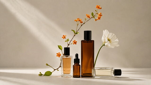 Sophisticated fragrance and skincare still life with amber glass bottles, delicate orange blossoms and a white flower arranged on a warm greige background with soft natural sunlight.