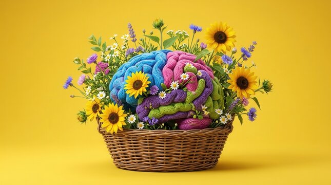 A colorful human brain composed of diverse wildflowers in a basket, symbolizing unique thought processes.