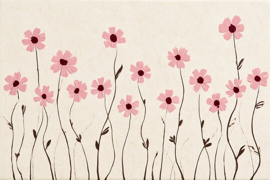 Delicate pink blossoms on thin, curving stems against a textured cream background