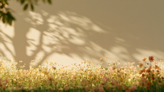 Sunlit meadow with delicate wildflowers casts dappled tree shadows on a pale wall