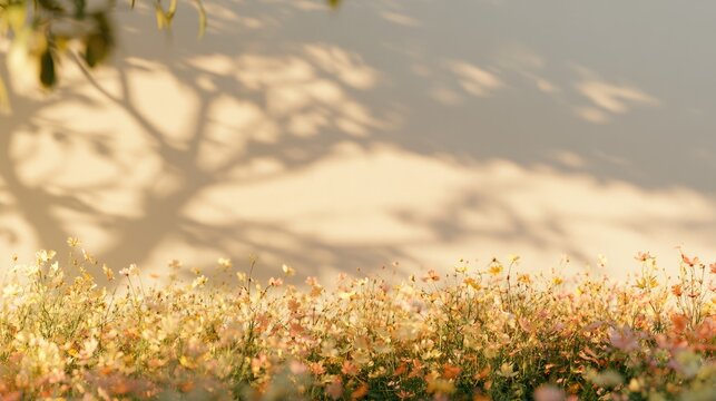 Gentle wildflowers sway in sunlight, casting soft tree shadows on a wall