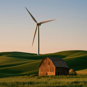 Wind turbine and rustic barn in golden sunset landscape for green energy transition