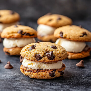 Chocolate chip cookie ice cream sandwiches with creamy filling on a dark, textured surface, with scattered chocolate chips