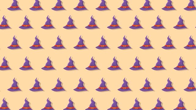 Seamless Pattern of Purple Witch Hats on a Light Orange Background for Halloween.