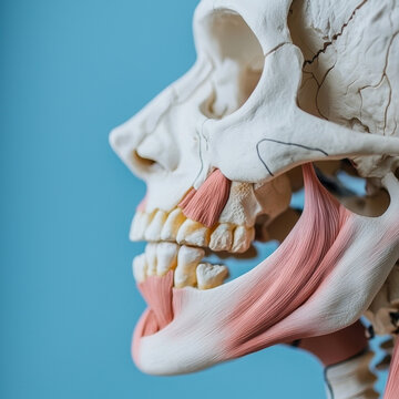 Close-up of anatomical model showing human jawbone, teeth, and associated pink facial muscles on a blue background