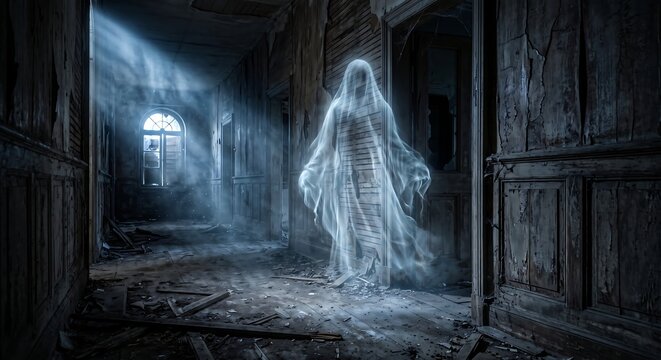 Translucent ghost floating in a dark abandoned haunted hallway with corridor