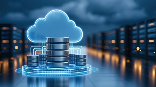Futuristic glowing cloud computing and data storage servers in a modern datacenter