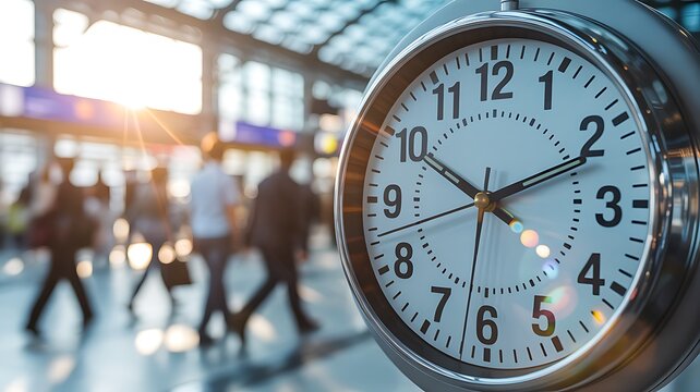 Busy people walking past large analog clock in transit station