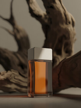 Luxury glass perfume bottle with warm amber liquid and a silver cap displayed against a natural
