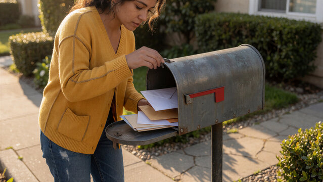 Eine 29-j&auml;hrige Latina &ouml;ffnet den Briefkasten vor ihrem Reihenhaus und holt mehrere Briefe heraus.