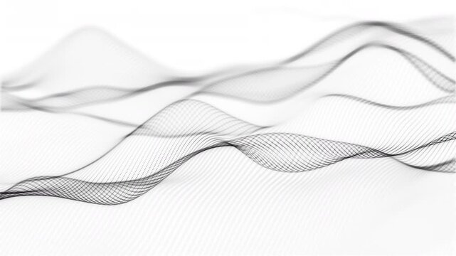 Black and white mesh waves flow over a clean bright background, forming a minimal monochrome abstract motion backdrop for technology, data and modern design, seamless 4k.