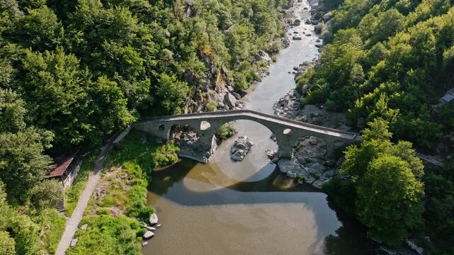 Devils Bridge Dyavolski Most ancient stone arch bridge Arda river canyon aerial drone high angle view green forest mountain landscape landmark travel Bulgaria