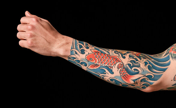 Arm with colorful koi dragon tattoo sleeve on black background, tattoo