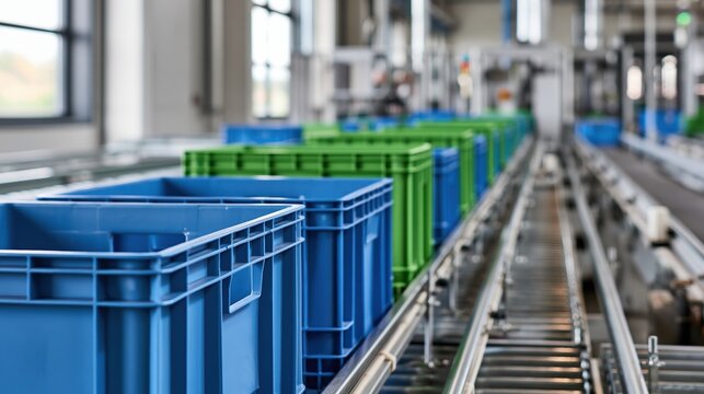 Automated production line with blue and green plastic crates moving on a conveyor belt in a factory