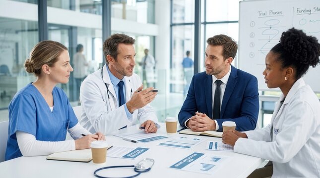 Businessman, doctors and nurse engaged in a discussion about vaccine trials and research grant planning in a hospital