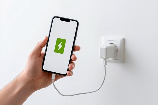 Close-up Person hand showing a modern smartphone plugged into a white wall outlet socket. Bright screen displays a green battery icon logo with a lightning bolt symbol indicating fast charging process