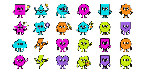Obraz premium Colorful Doodle Character Icon Set, Cute Blob Mascot Vector Shapes Collection, Quirky Flat Line Art Sticker Bundle for Kids Branding and Social Media Design