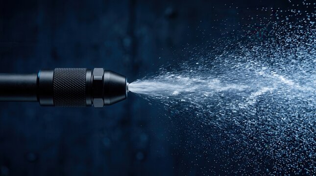 Water stream motion featuring a high pressure washer nozzle and fine water mist in action.