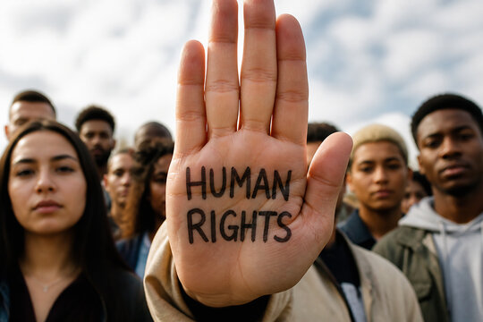A person's hand displaying the words HUMAN RIGHTS is held up in front of a group of diverse young people outdoors.