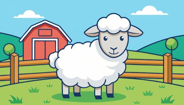 Cute cartoon sheep standing in a green farm field
